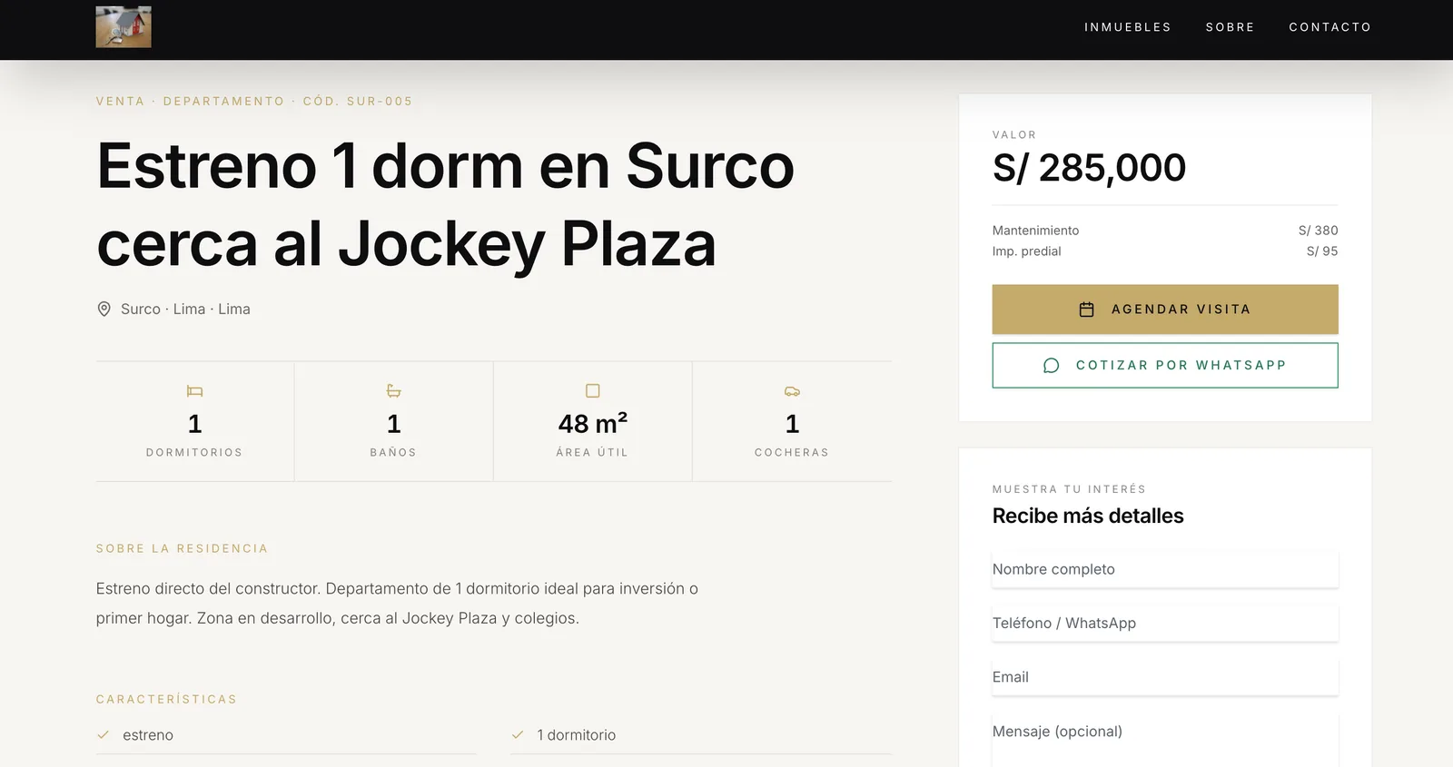 Ficha pública de una propiedad en Surco con precio, características, botón de agendar visita y formulario de contacto