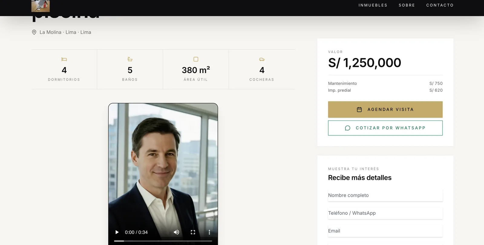 Ficha pública de una propiedad con el video del avatar IA incrustado