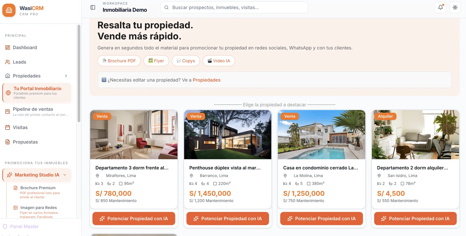 Marketing Studio de WasiCRM: eliges una propiedad y generas brochure, flyer, copys o video