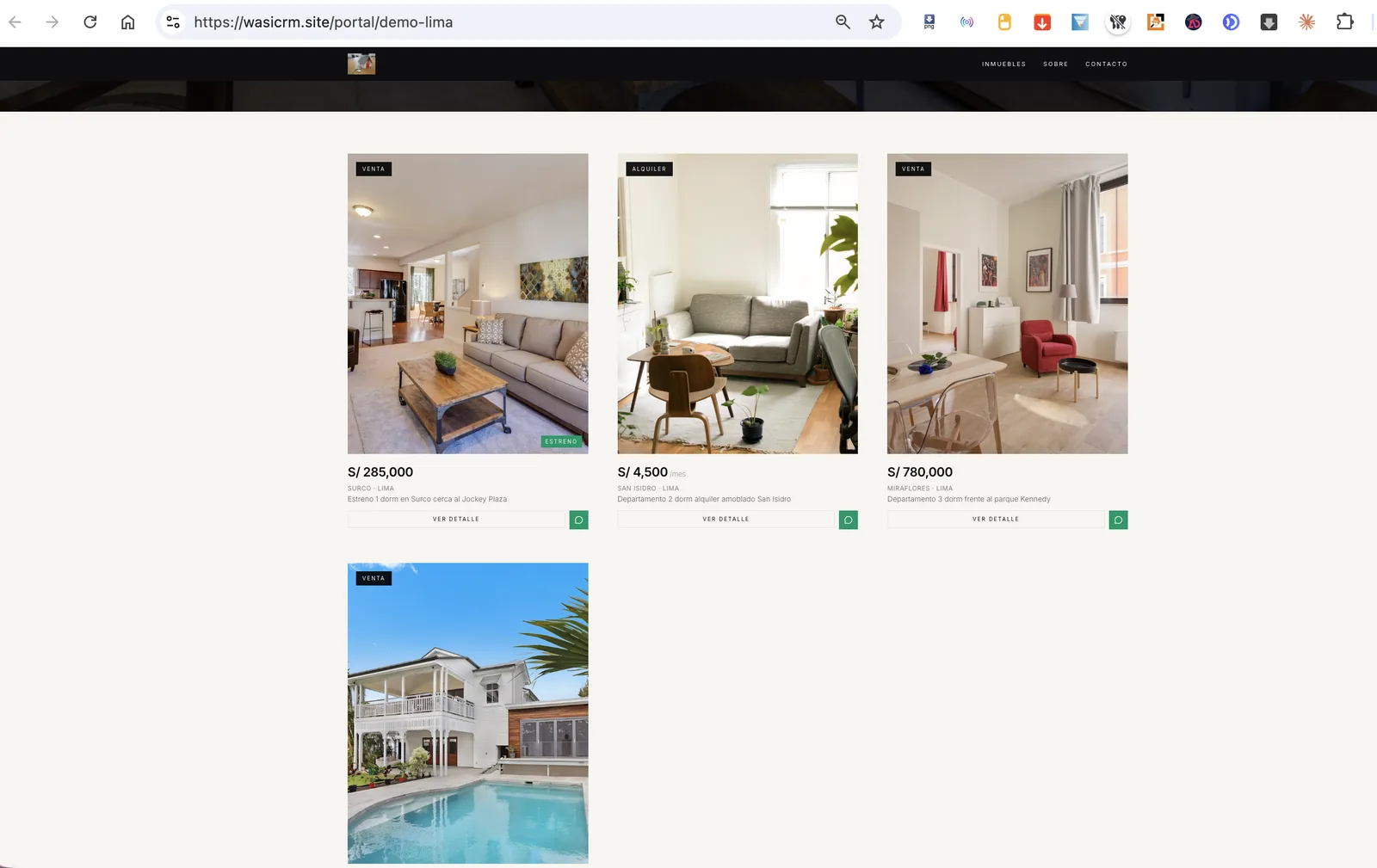 Portal público de una inmobiliaria en WasiCRM con propiedades en Surco, San Isidro y Miraflores
